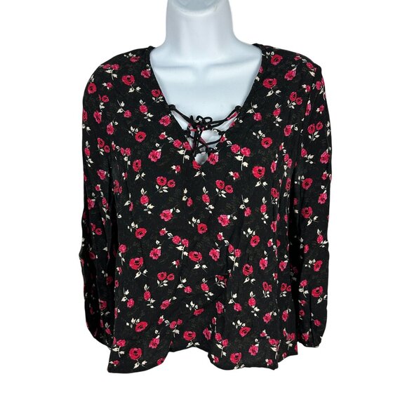 Forever 21 Womens Black & Red Floral Long Sleeve Lace-Up Blouse Medium - Picture 1 of 6